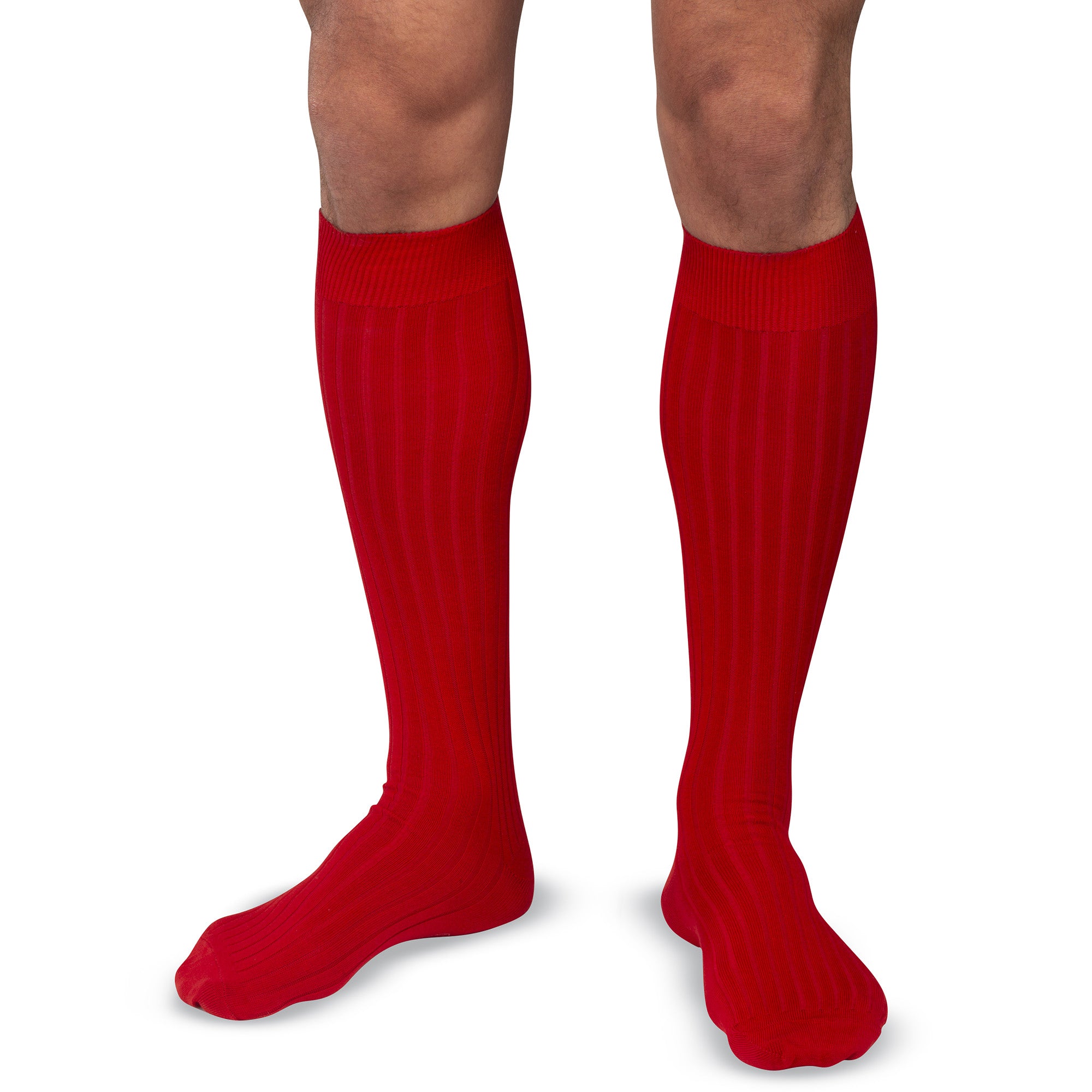 model wearing red cotton over the calf dress socks