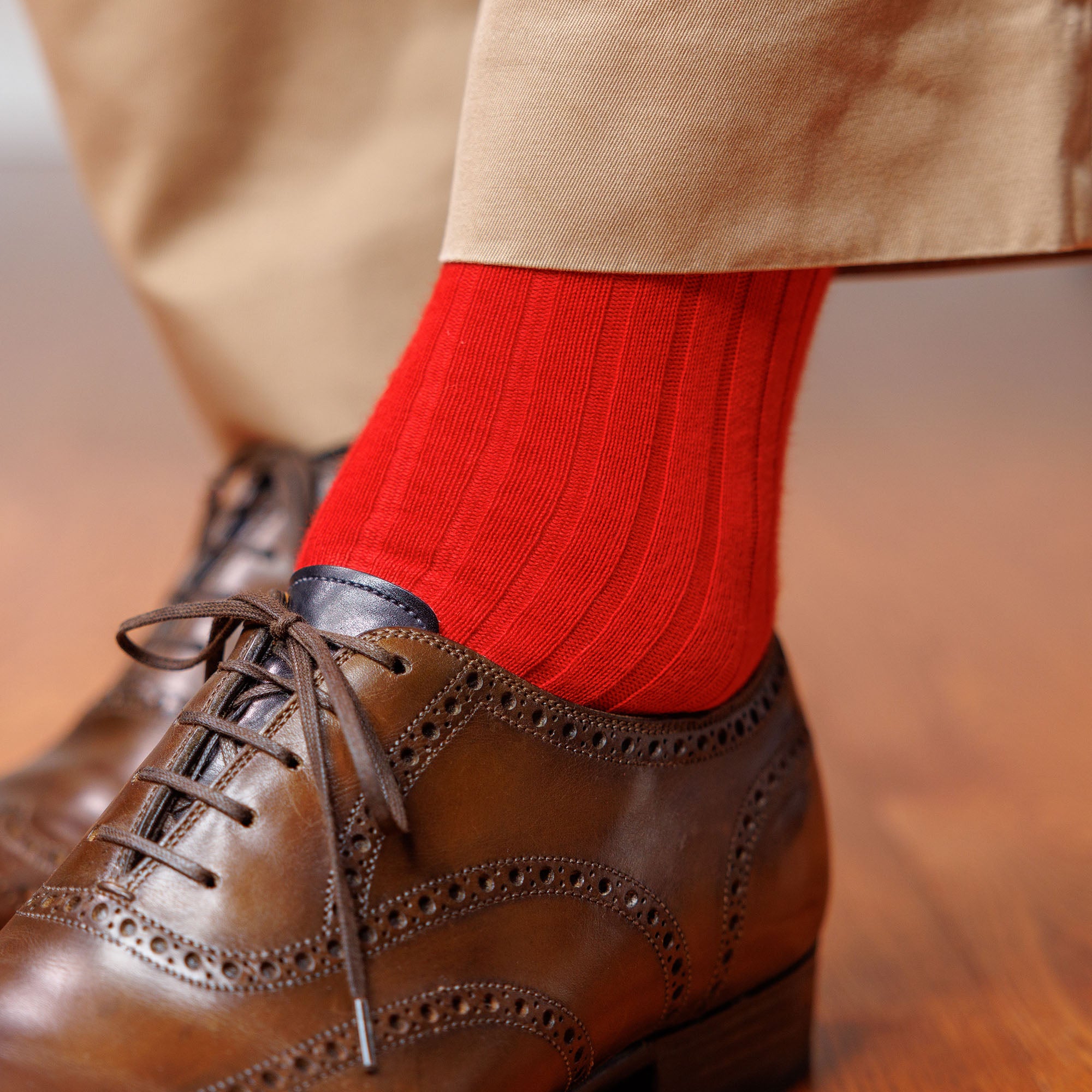 bright red dress socks with khakis and brown wingtips