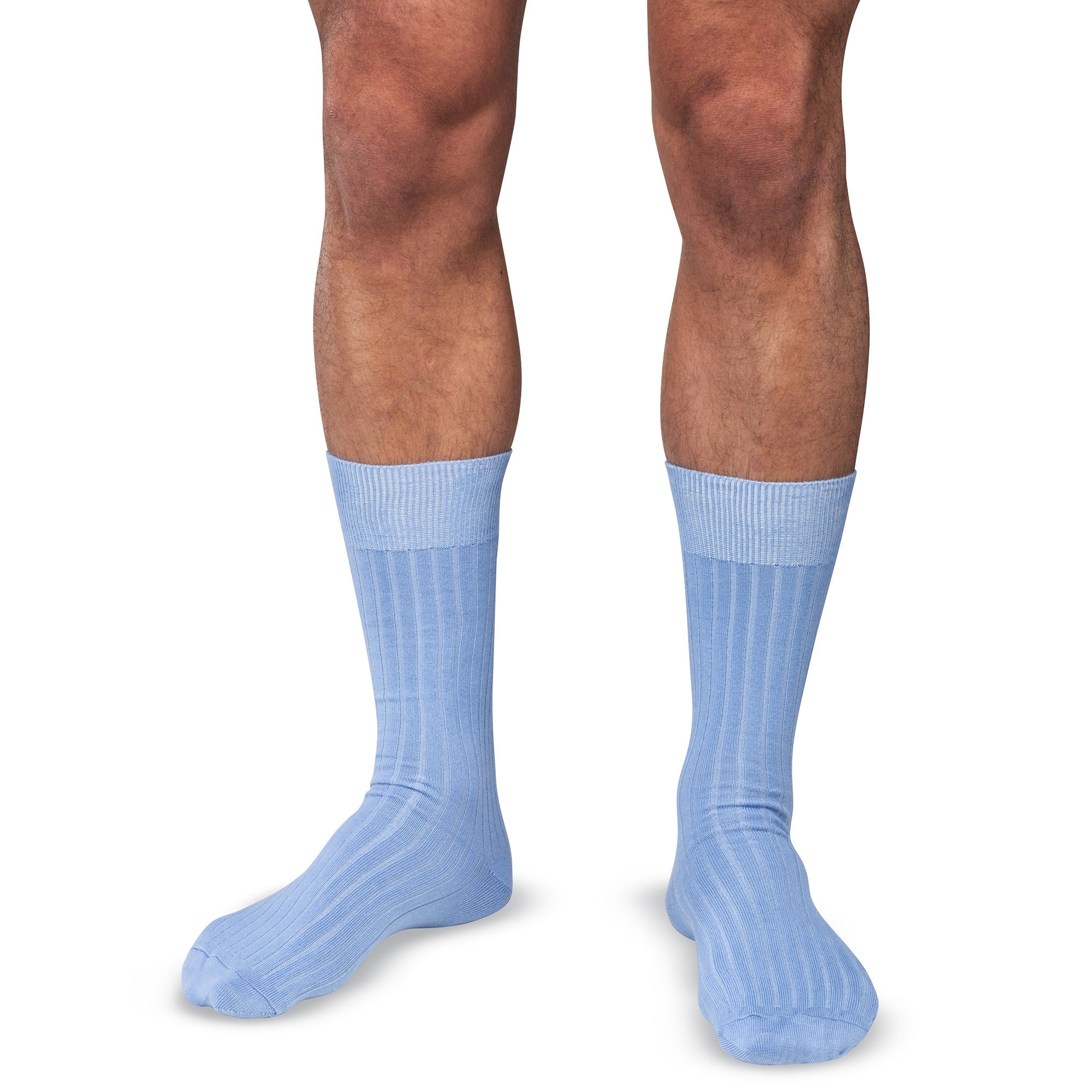 model wearing mid-calf length sky blue dress socks