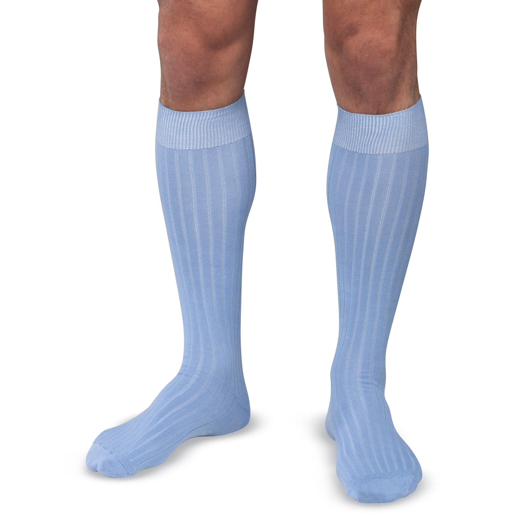 model wearing sky blue ribbed over the calf cotton dress socks for men