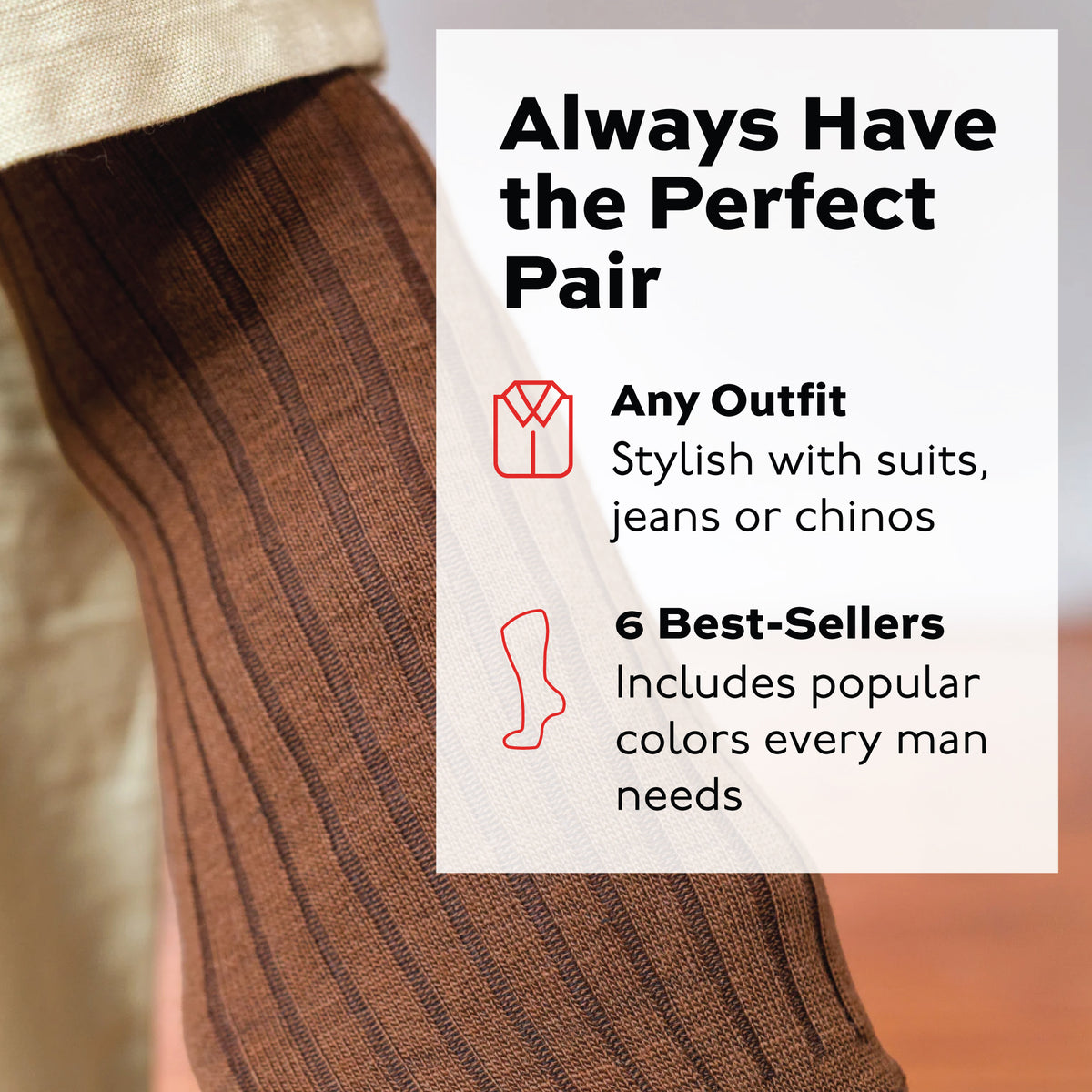 close up image of light brown Merino Wool Over the Calf Dress Socks worn with khaki pants