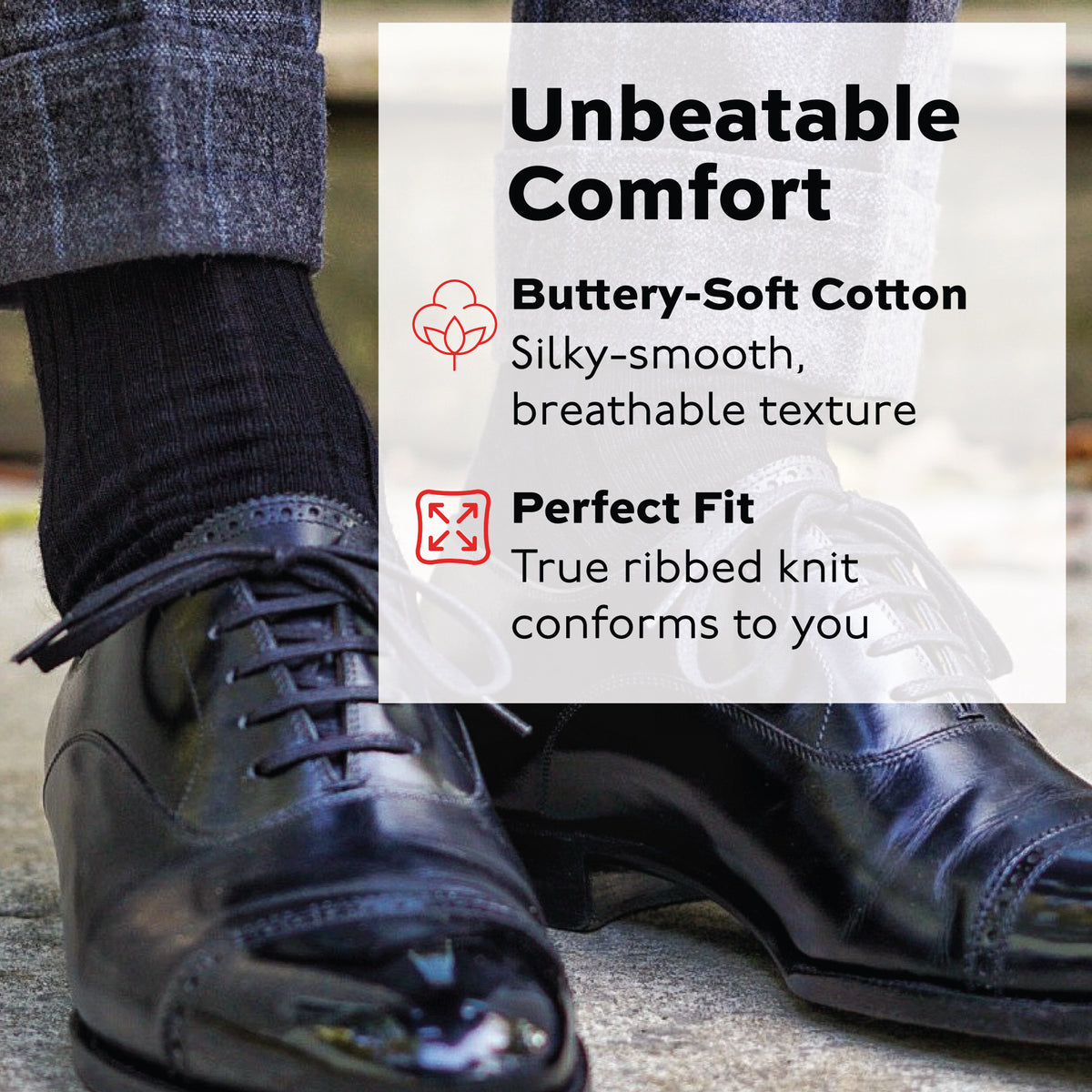 man standing outside wearing Black Cotton Mid Calf Dress Socks with a infographic overlay