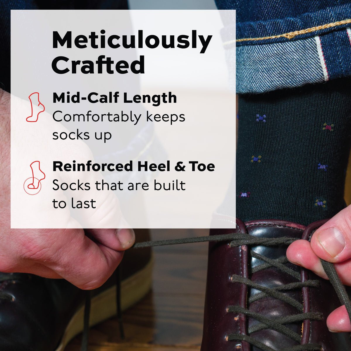 man tying shoes wearing Black Geometric Merino Wool Mid-Calf Dress Socks and jeans