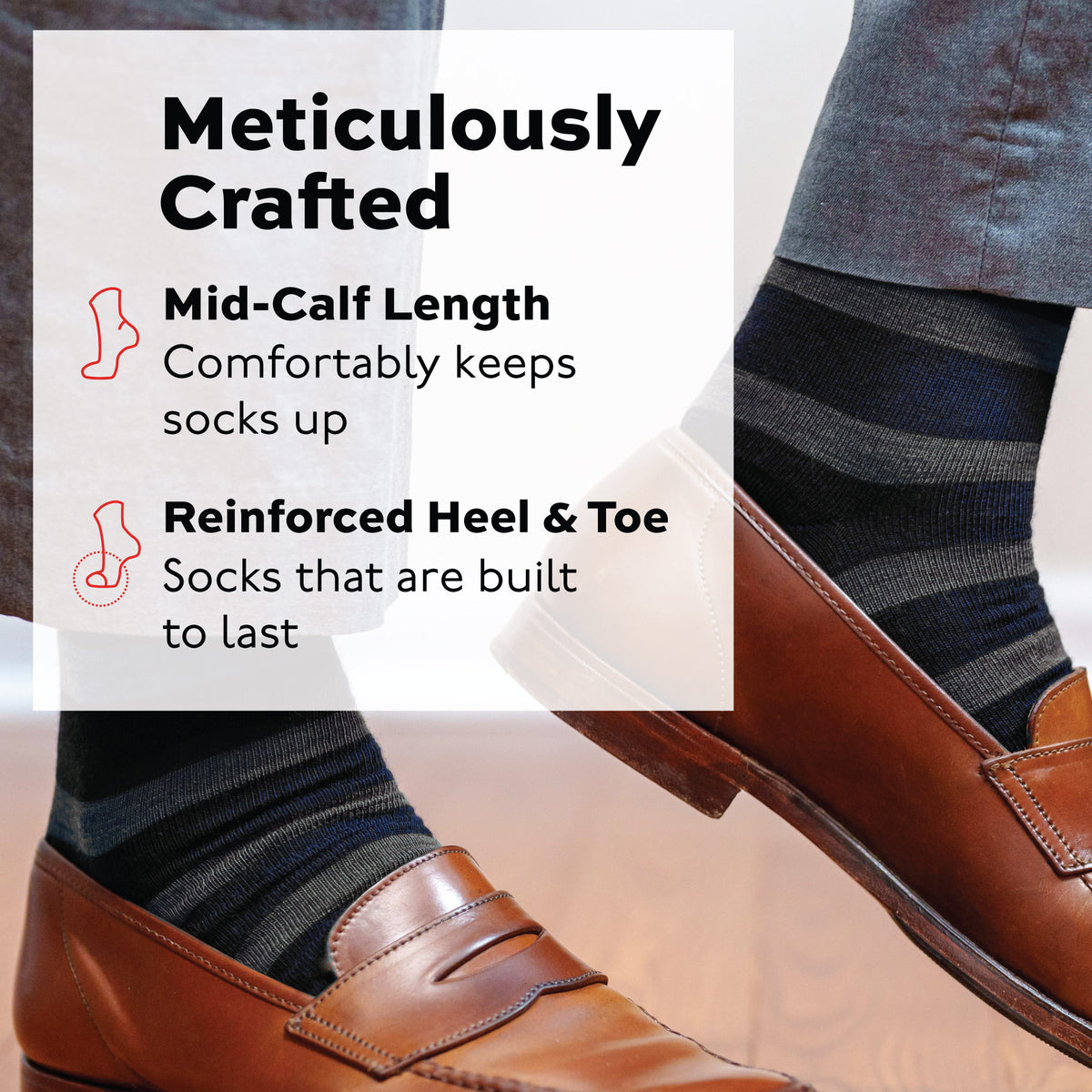 man wearing Grey Heather Stripes on Navy Merino Wool Mid-Calf Dress Socks and brown loafers