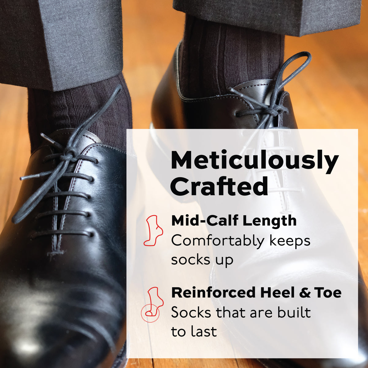 man standing on hardwood floors wearing dress shoes and Black Cotton Mid Calf Dress Socks