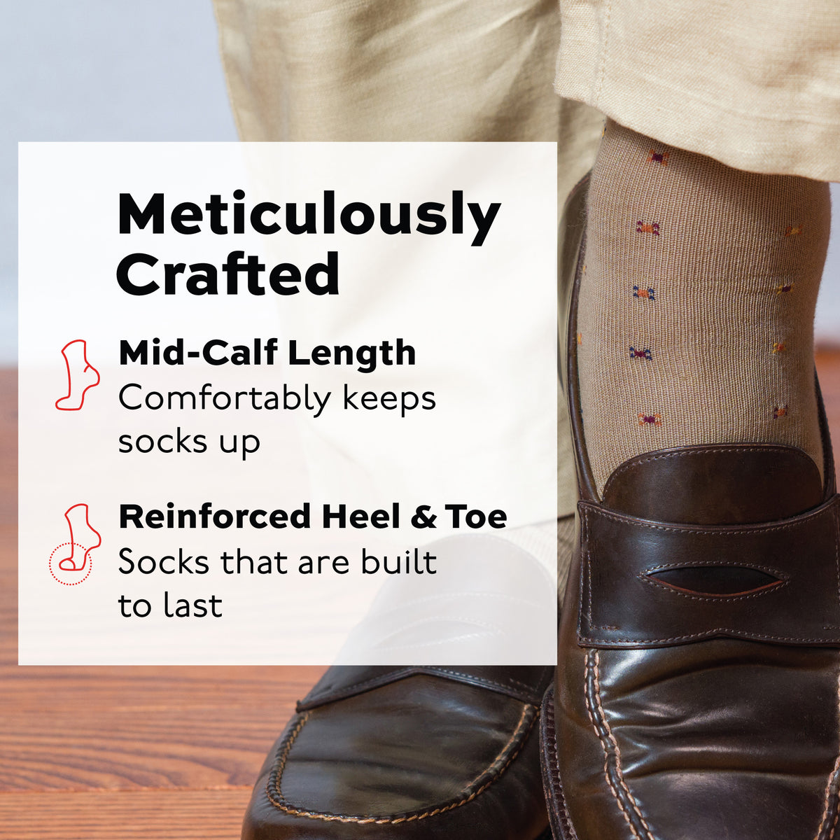 man standing wearing khaki pants and Khaki Geometric Merino Wool Mid-Calf Dress Socks