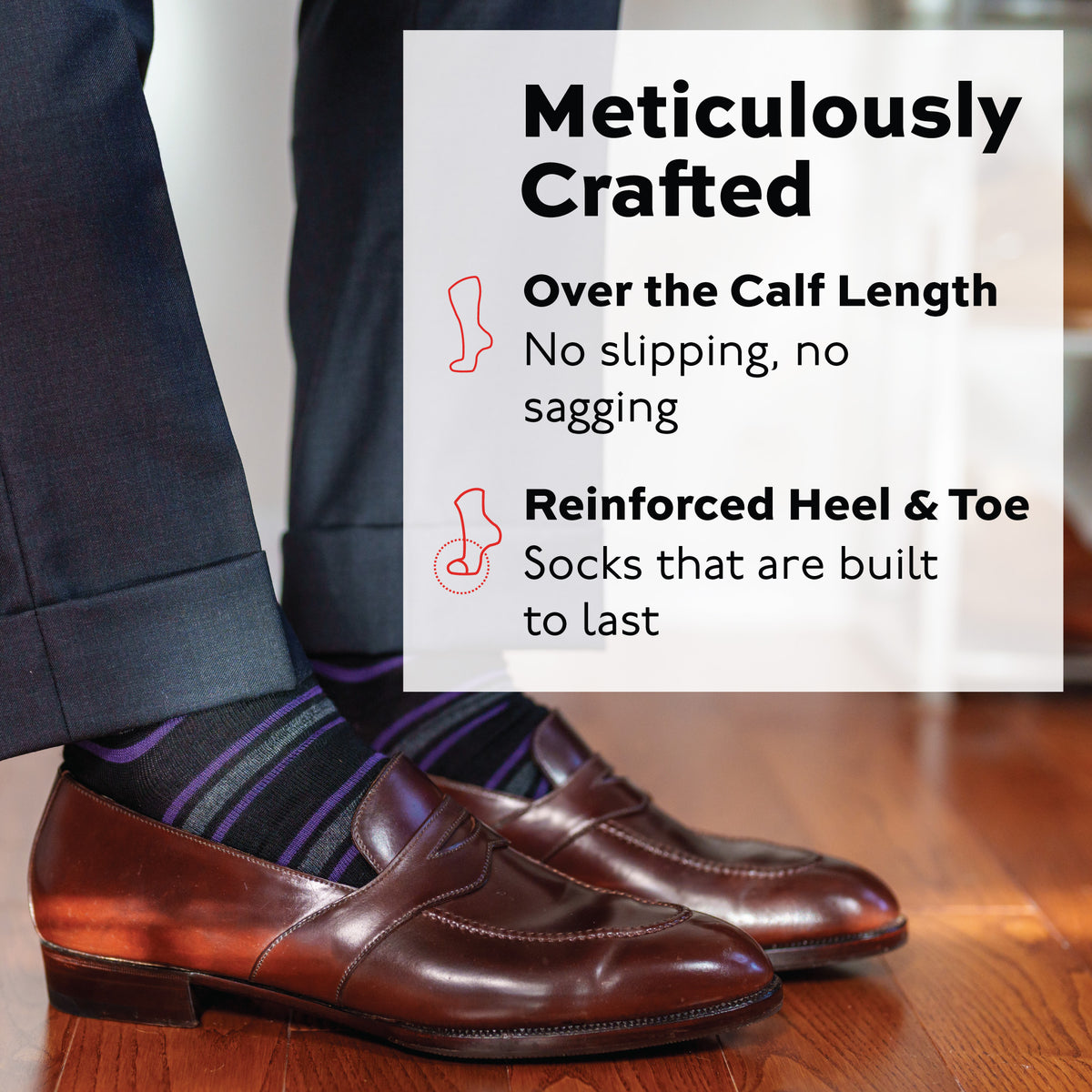 man standing in a room wearing Purple and Grey Stripes on Black Merino Wool Over the Calf Dress Socks with brown shoes and grey pants