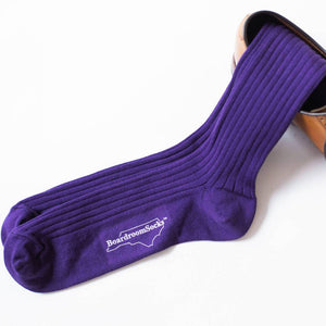 Purple Over the Calf Dress Socks Coming Out of Light Brown Dress Shoes