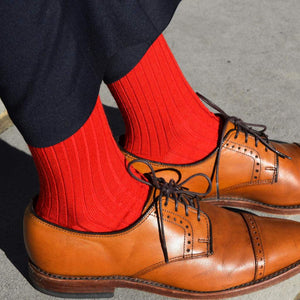 Bright Red Merino Wool Dress Socks with Navy Pants and Light Brown Dress Shoes