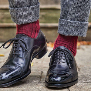 Burgundy Merino Wool Dress Socks with Grey Herringbone Trousers and Black Dress Shoes