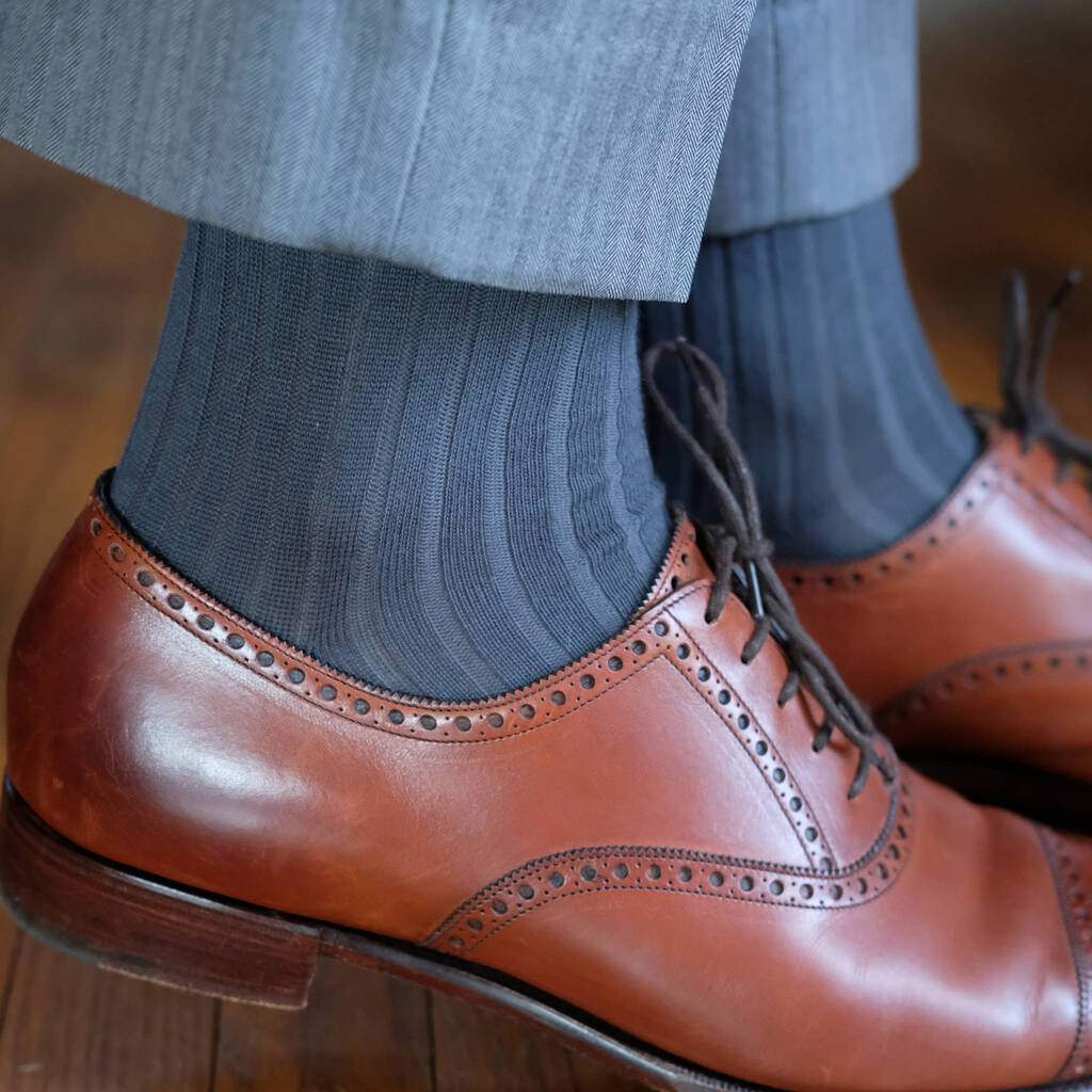 Grey Ribbed Dress Socks with Grey Dress Pants and Brown Dress Shoes