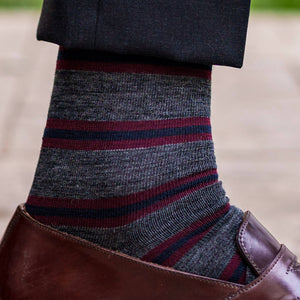 heather grey dress socks with alternating burgundy and navy stripes