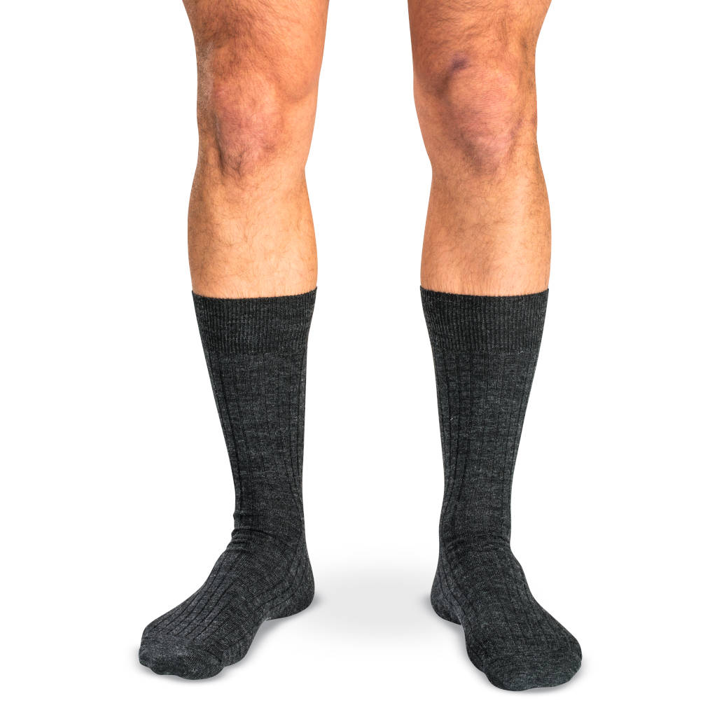 model wearing charcoal grey mid-calf dress socks