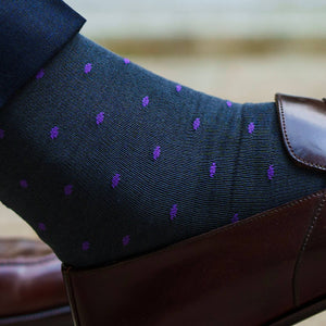 grey dress socks with light purple polka dots