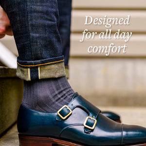 grey cotton over the calf dress socks with jeans and blue monkstrap shoes
