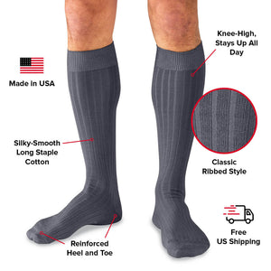 infographic detailing grey over the calf cotton dress socks for men
