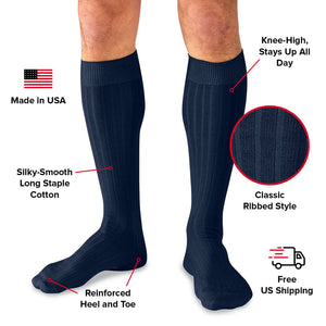 infographic detailing navy blue over the calf dress socks