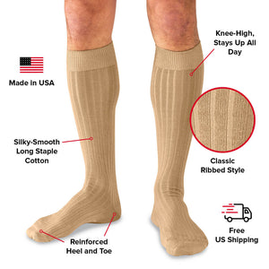 detailed infographic showing features of khaki over the calf dress socks