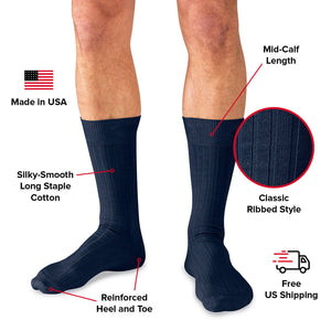 infographic detailing navy mid-calf cotton dress socks