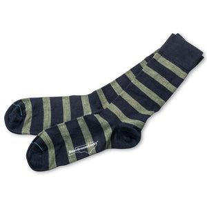 pair of navy wool dress socks decorated with thick horizontal olive stripes
