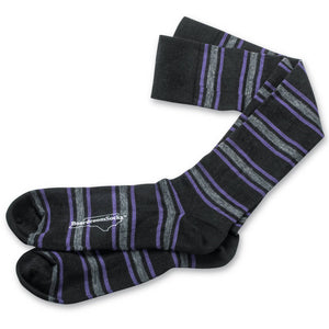 pair of black dress socks decorated with horizontal purple and grey stripes
