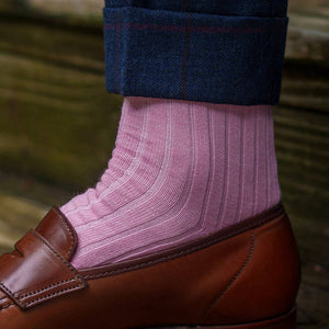 solid pink ribbed dress socks with light brown loafers
