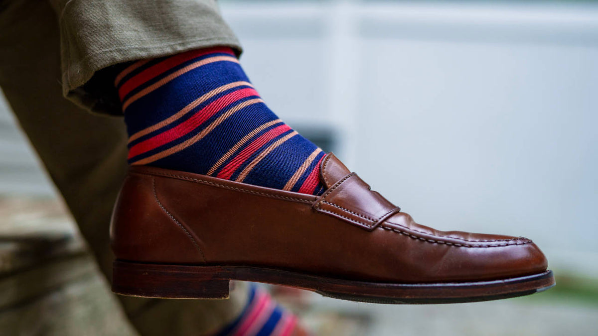 navy cotton dress socks with bright horizontal stripes