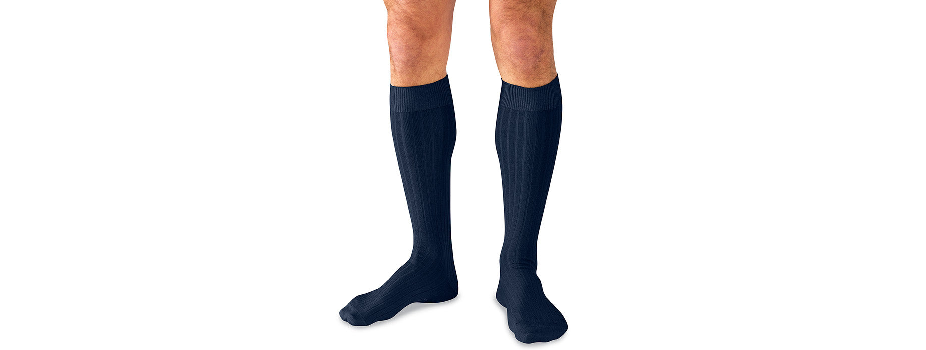 model wearing navy knee high Bermuda socks