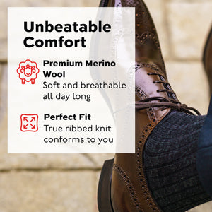 man wearing brown oxfords and grey merino wool ribbed dress socks with 