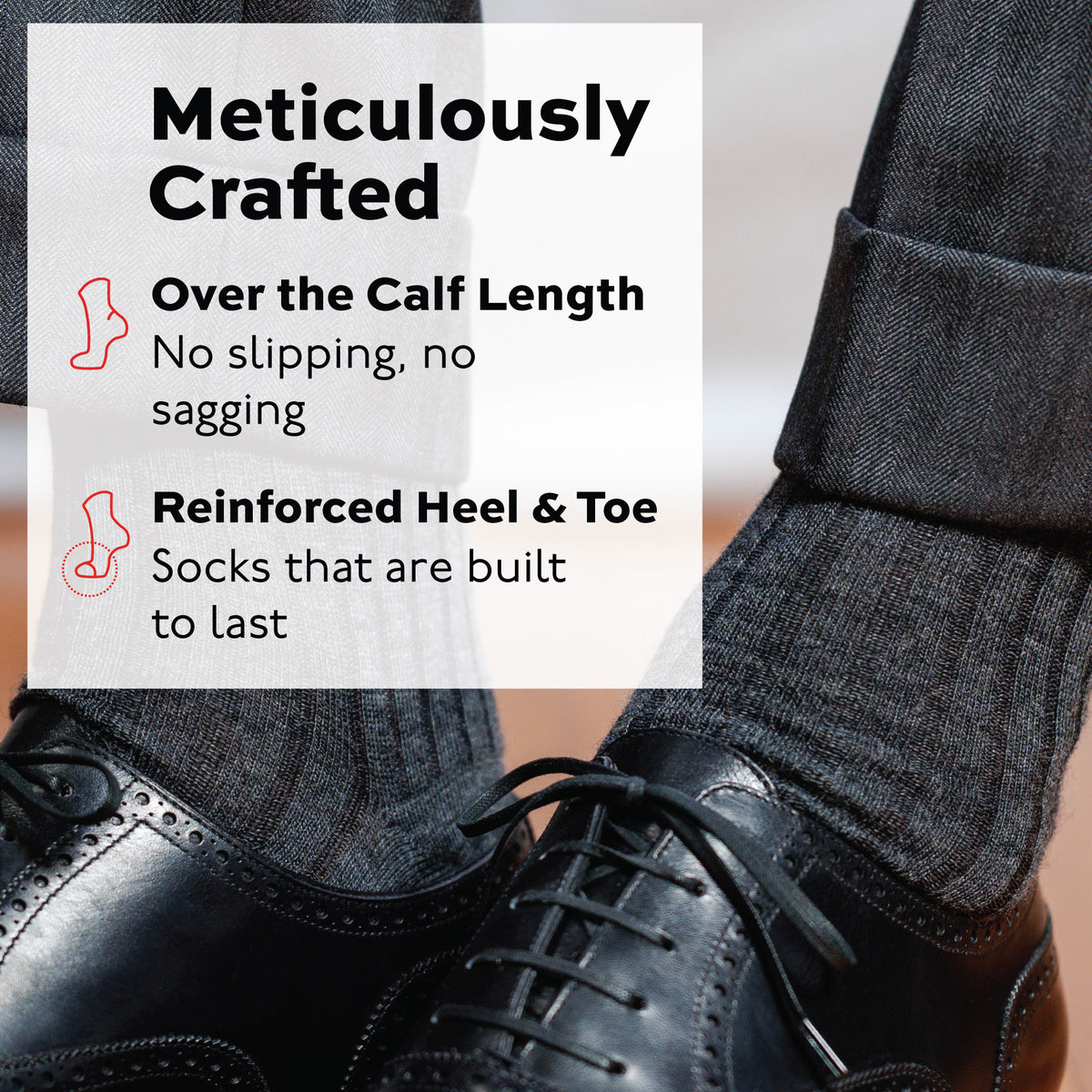 man wearing grey heather merino wool dress socks, grey slacks and black shoes with infographic overlay