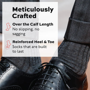 man wearing grey heather merino wool dress socks, grey slacks and black shoes with infographic overlay