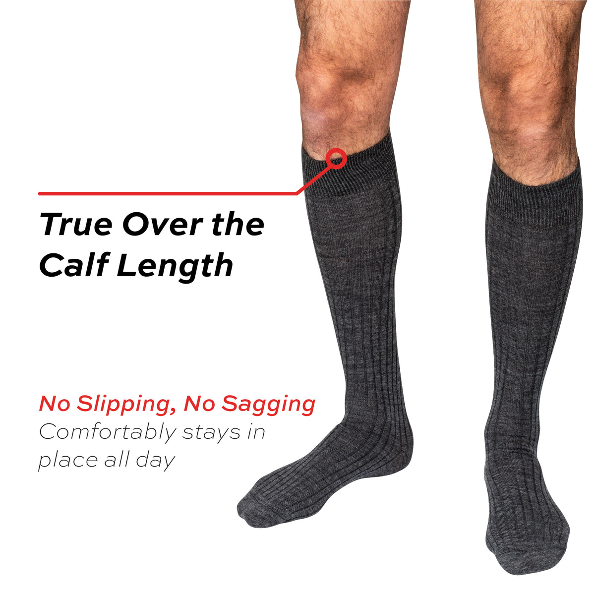 model wearing grey heather merino wool dress socks with true over the calf length text overlay
