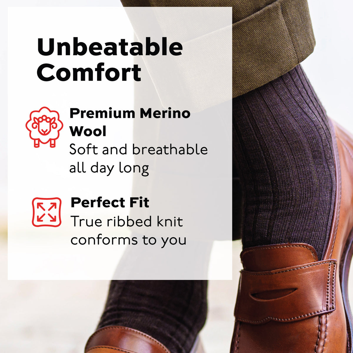 brown merino wool ribbed dress socks worn with green pants and brown loafers