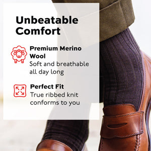 brown merino wool ribbed dress socks worn with green pants and brown loafers