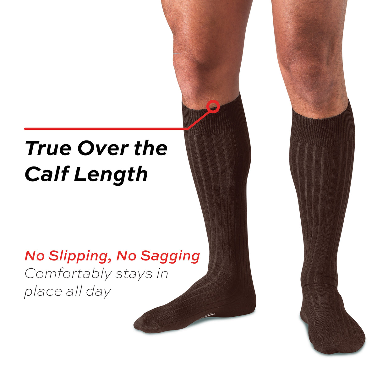 model wearing brown merino wool ribbed dress socks with true over the cald length text overlay