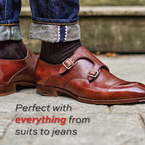man wearing jeans and brown merino wool ribbed dress socks with prefect with everything text overlay