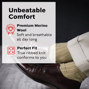 man crossing legs wearing khaki merino wool ribbed dress socks  and khaki slacks