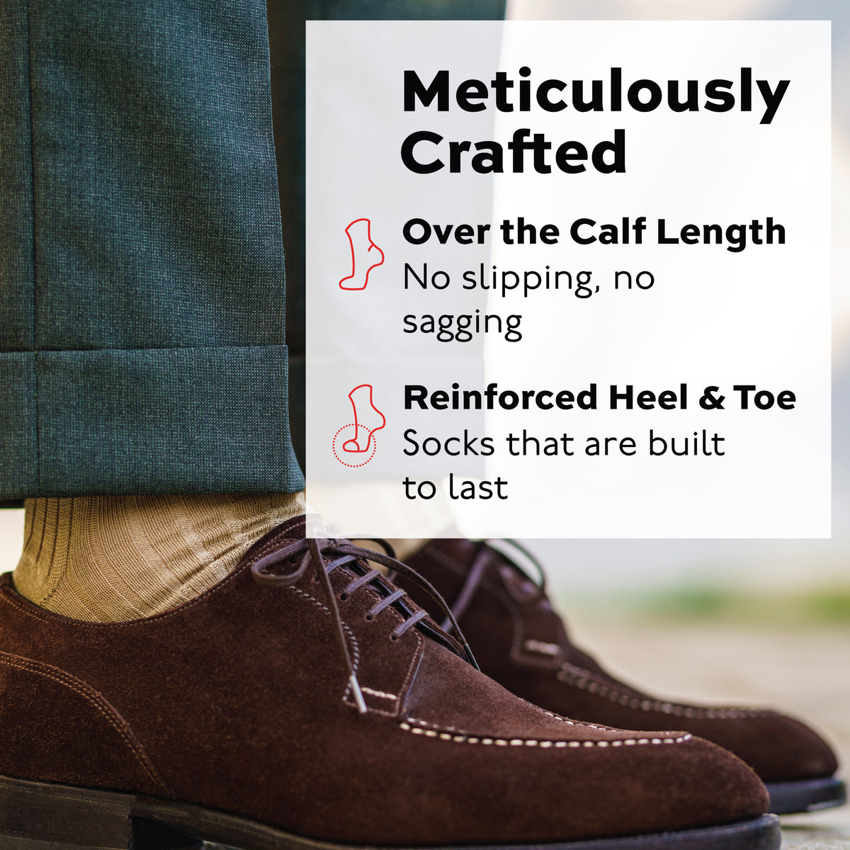 khaki merino wool ribbed dress socks with meticulously crafted infographic overlay