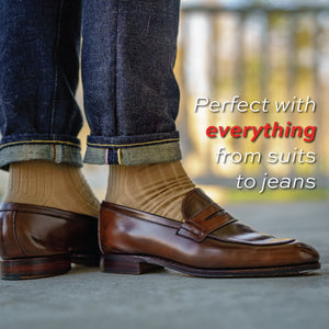 khaki merino wool ribbed dress socks worn with jeans and brown loafers with perfect with everything text overlay