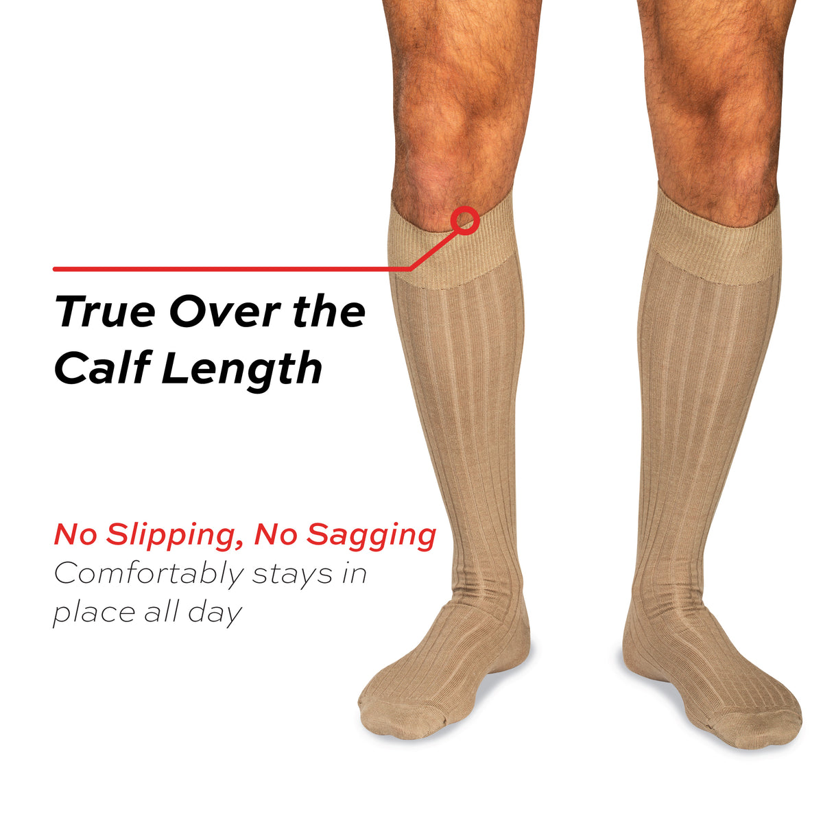 model wearing khaki merino wool ribbed dress socks  with true over the calf text call out
