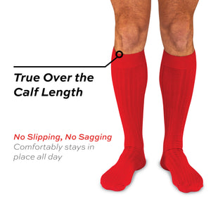 model wearing red merino wool over the calf ribbed mens dress socks with true over the calf length text overlay