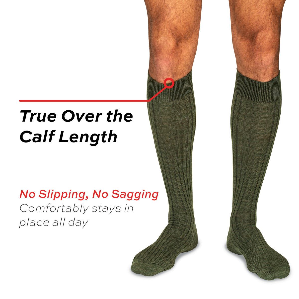 model wearing olive merino wool over the calf ribbed mens dress socks on a white background