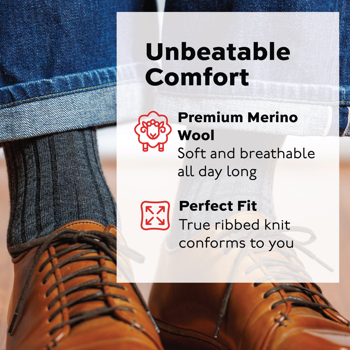 man standing wearing grey heather merino wool ribbed socks, nice shoes, and jeans