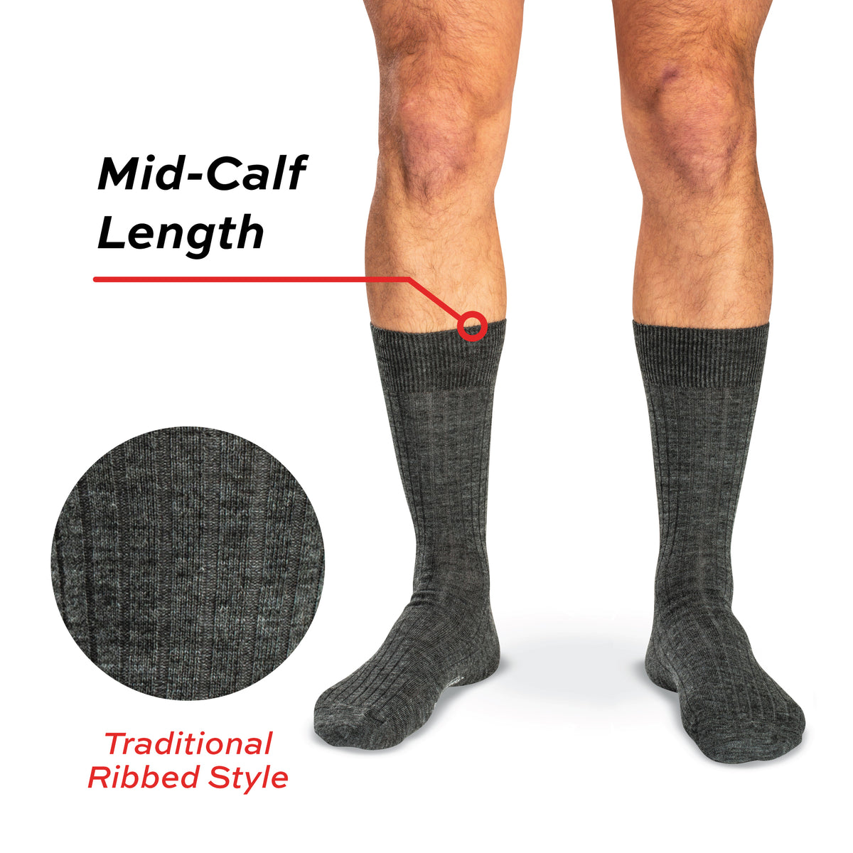 model image of mid-calf length traditional ribbed style grey heather wool dress socks
