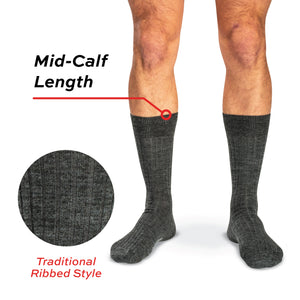 model image of mid-calf length traditional ribbed style grey heather wool dress socks