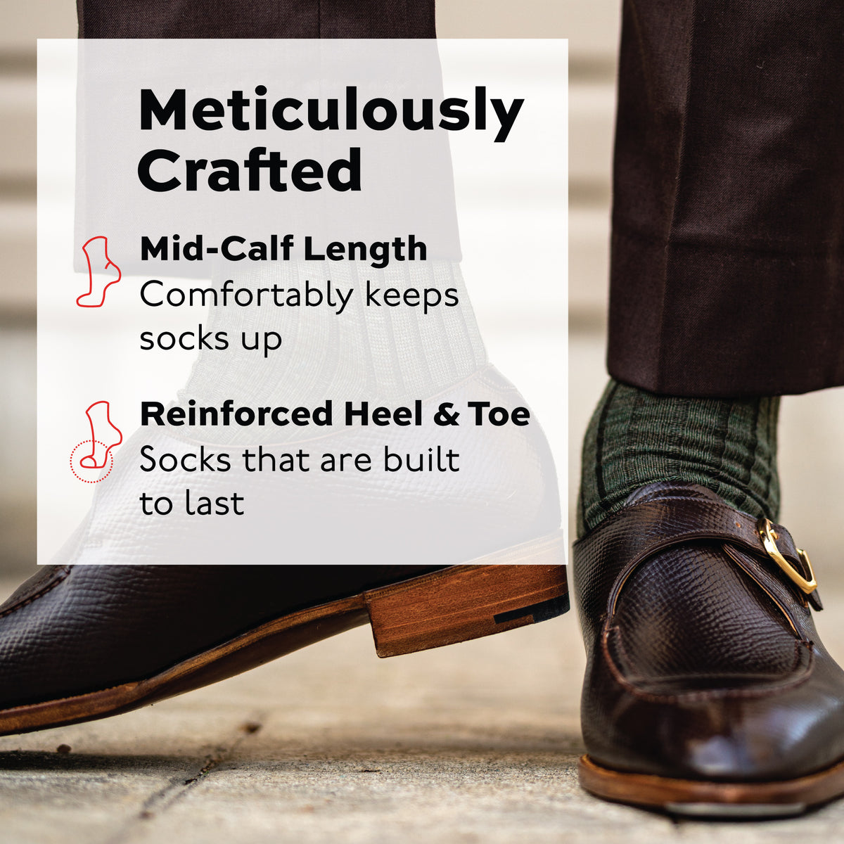 man standing wearing nicb brown pants and shoes with olive ribbed wmerino wool dress socks