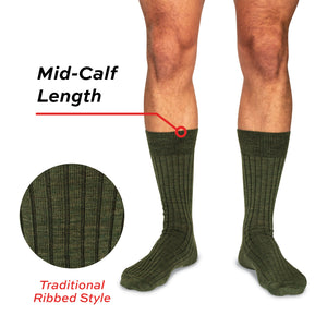 model image of a man wearing mid-calf length olive merino wool dress socks with a zoomed in call out of the ribbed style