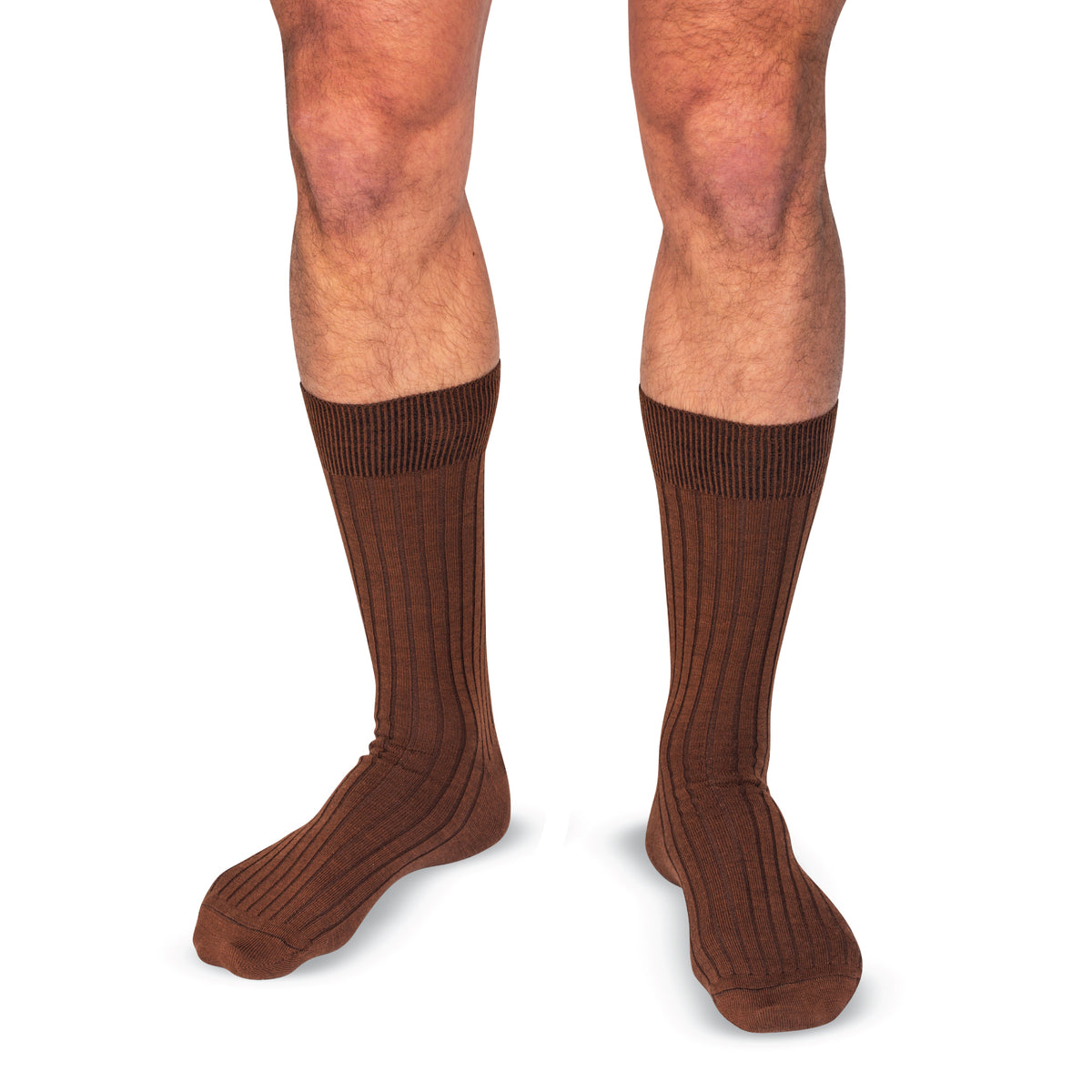 model wearing Light Brown Merino Wool Mid Calf Dress Socks on a white background