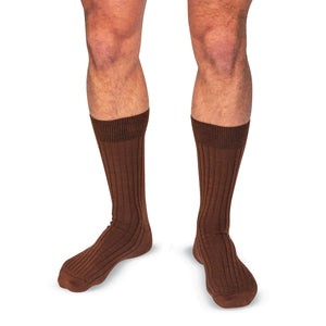 model wearing Light Brown Merino Wool Mid Calf Dress Socks on a white background
