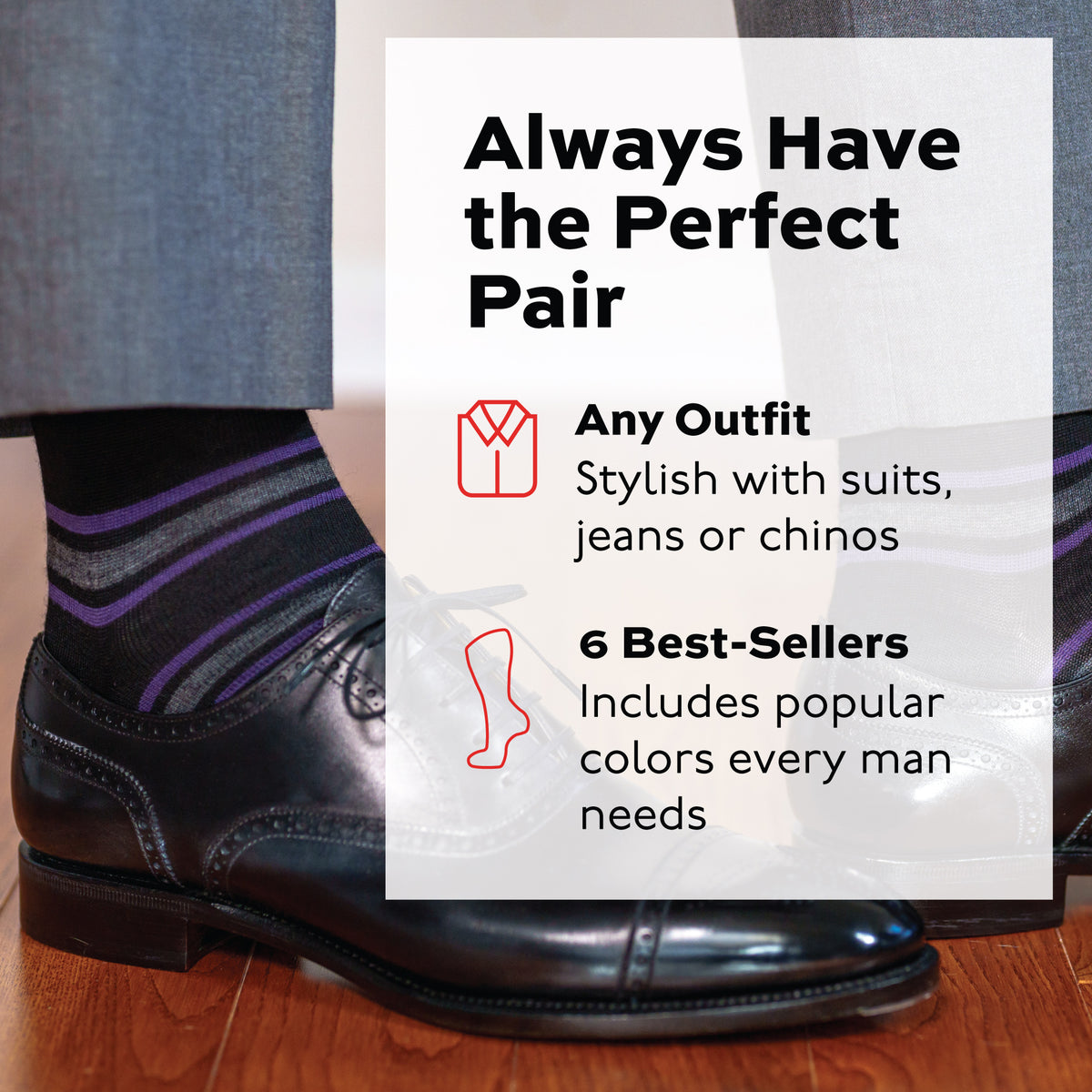 man wearing grey pants, black oxfords and purple and grey striped black merino wool dress socks